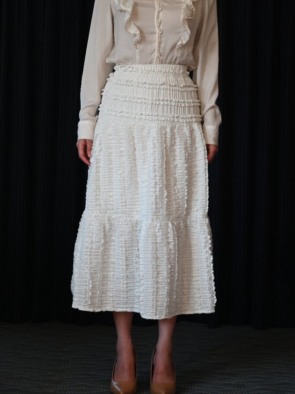 White Tiered Textured Midi Skirt/Romantic Boho Prairie Ruffle Skirt